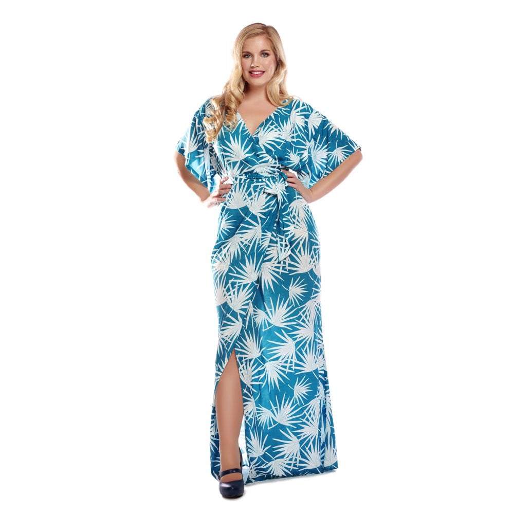 Collectif Mainline Kelly Palm Print Maxi Dress-Teal-Vendemia