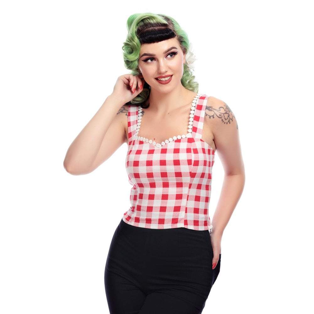 Collectif Mainline Lottie Vintage Gingham Top-Red-Vendemia