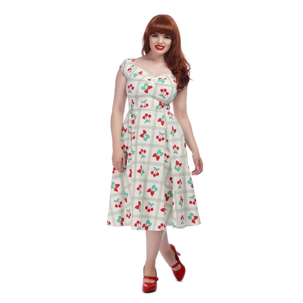 Collectif Mainline Dolores Sweetheart Picnic Doll Dress-Red Cherries-Vendemia