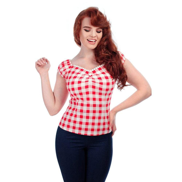 Collectif Dolores Top Rosso – Anni '50 Vintage Con Maniche Elastiche E Bottoni – Taglia 50 (XXL)