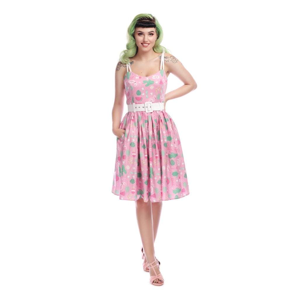 Collectif Mainline Jade Summer Flamingo Swing Dress-Vendemia