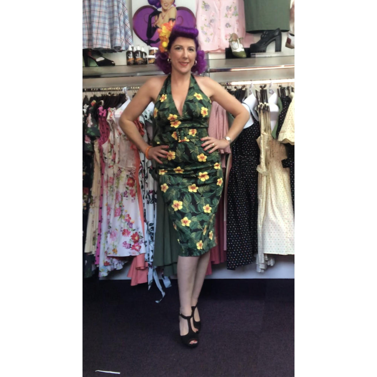 Collectif Mainline Ramona Tropical Hibiscus Pencil Dress-Vendemia