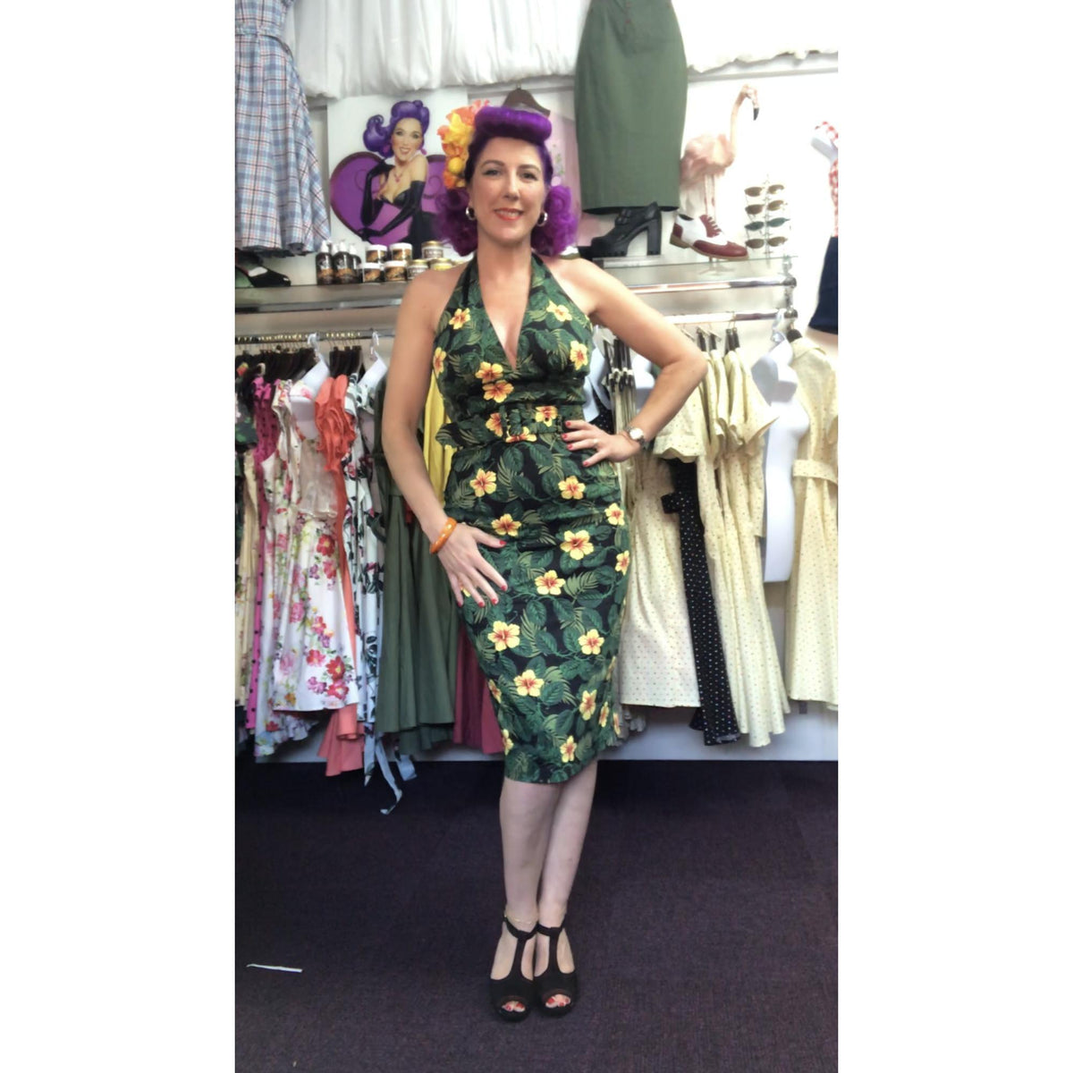 Collectif Mainline Ramona Tropical Hibiscus Pencil Dress-Vendemia