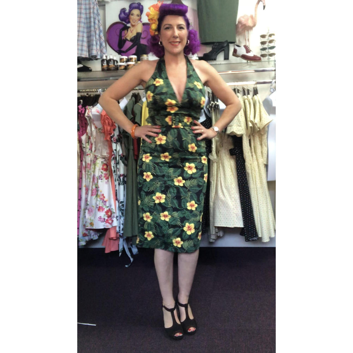 Collectif Mainline Ramona Tropical Hibiscus Pencil Dress-Vendemia