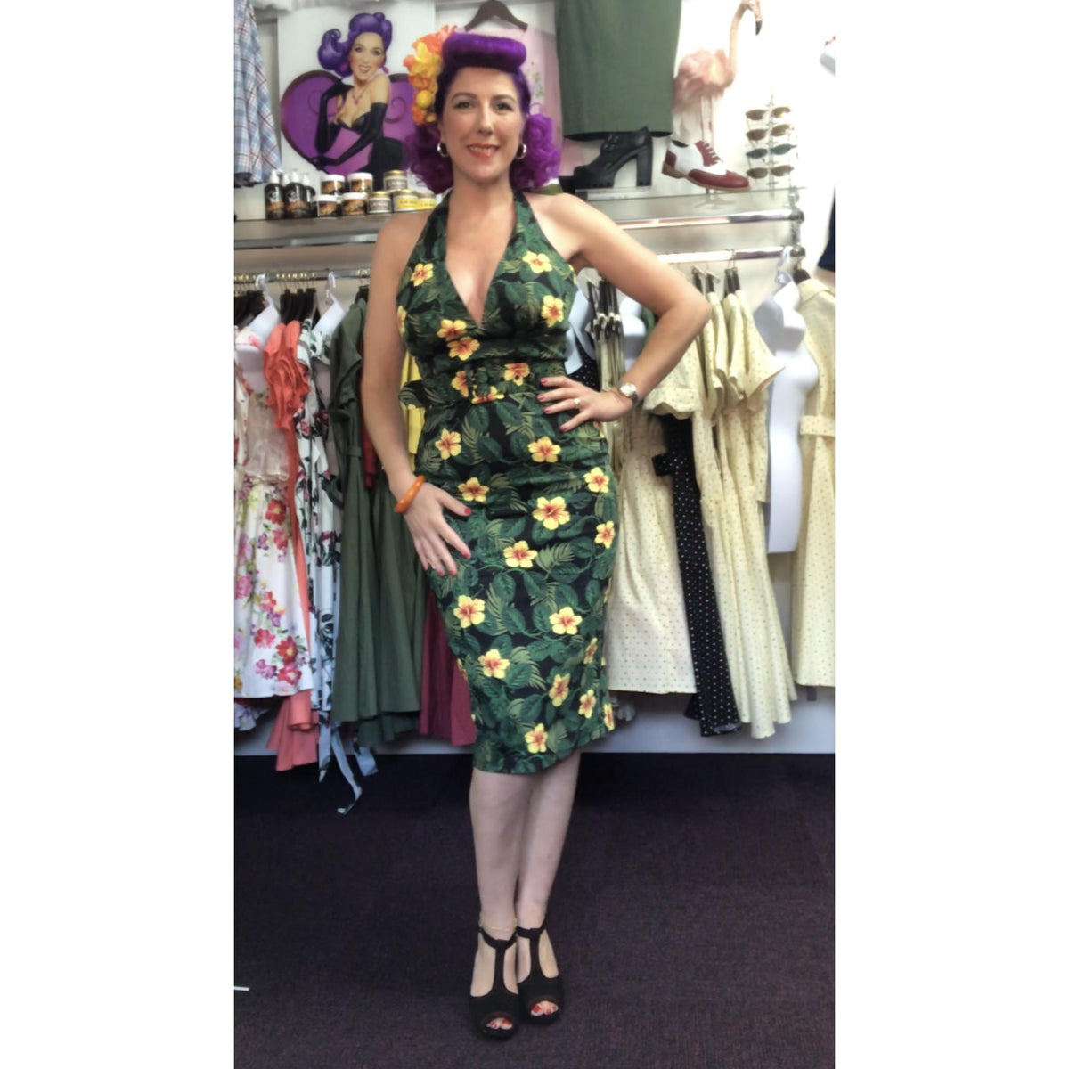 Collectif Mainline Ramona Tropical Hibiscus Pencil Dress-Vendemia