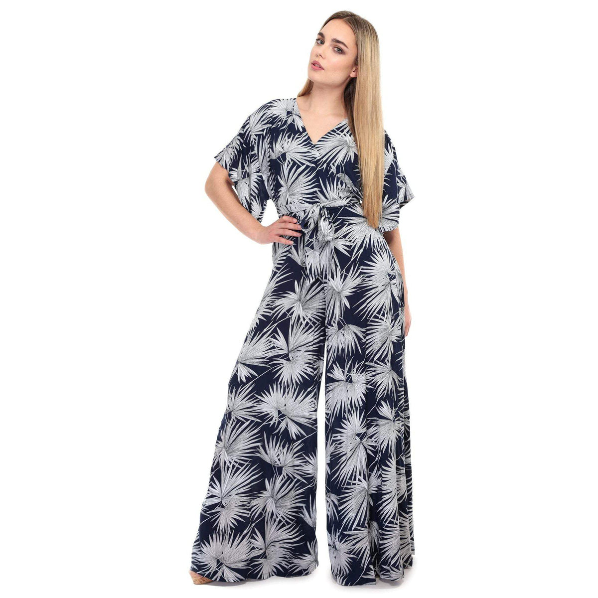 Collectif Vintage Akiko Palm Print Jumpsuit-Navy-Vendemia