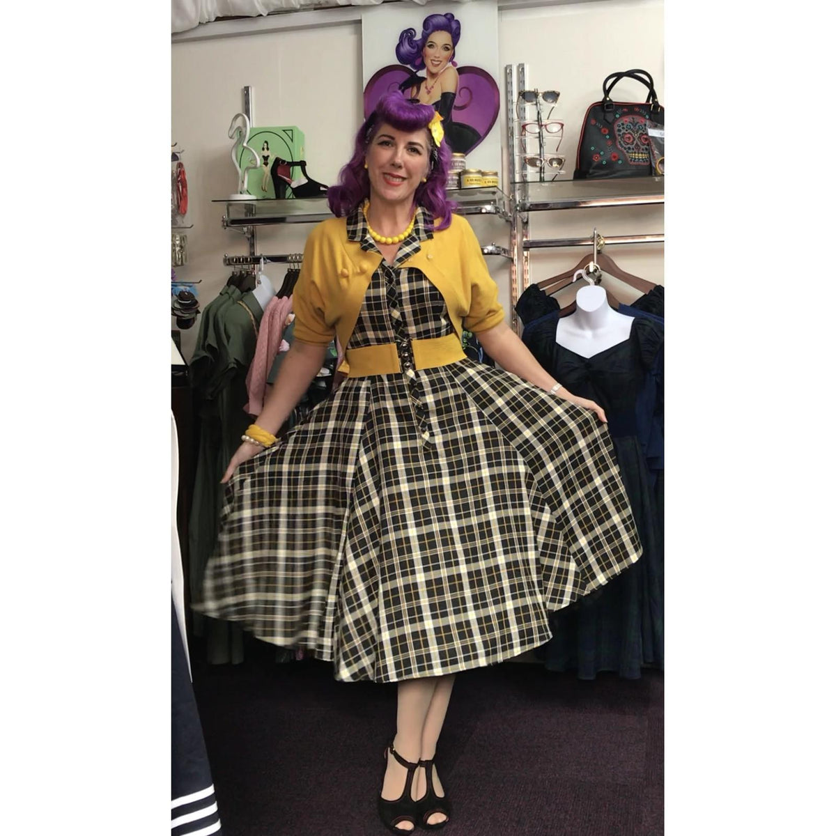 Collectif Vintage Caterina Geek Check Swing Dress-Black-Vendemia