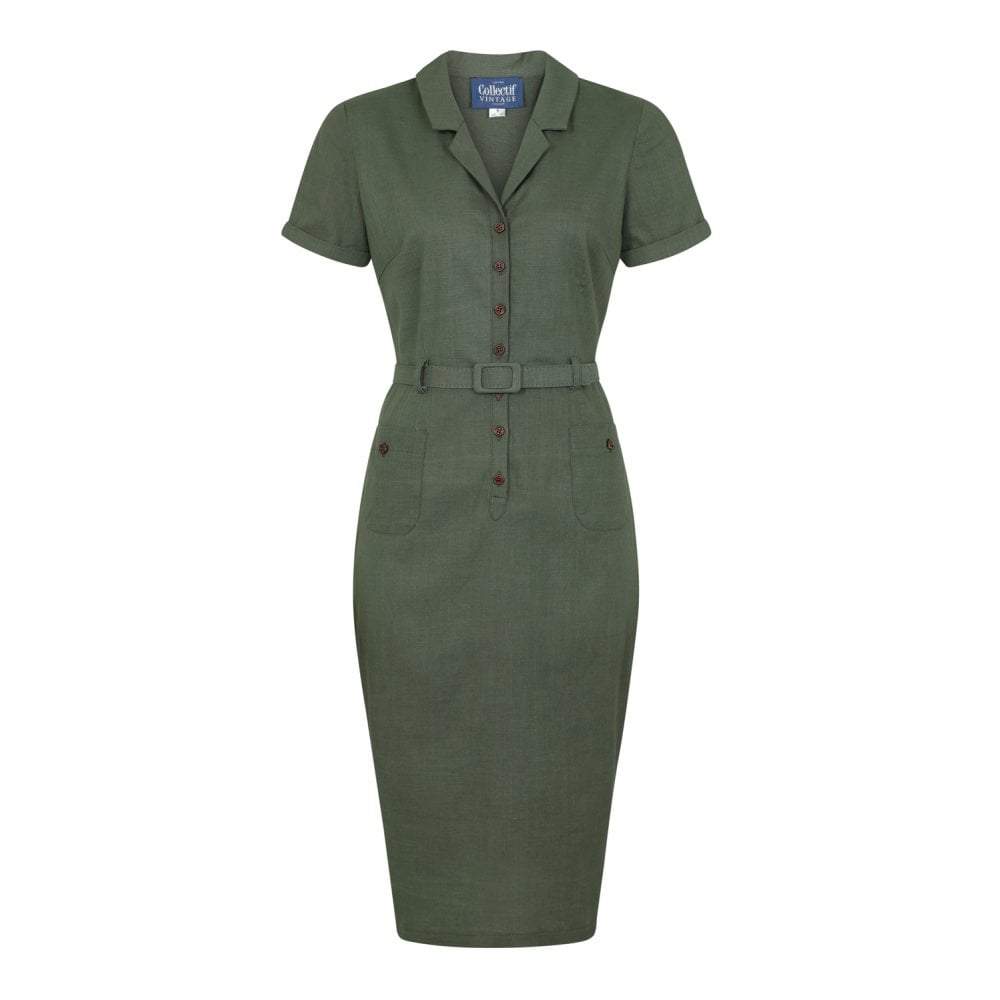 Collectif Vintage Caterina Vintage Pencil Dress-Olive Green-Vendemia