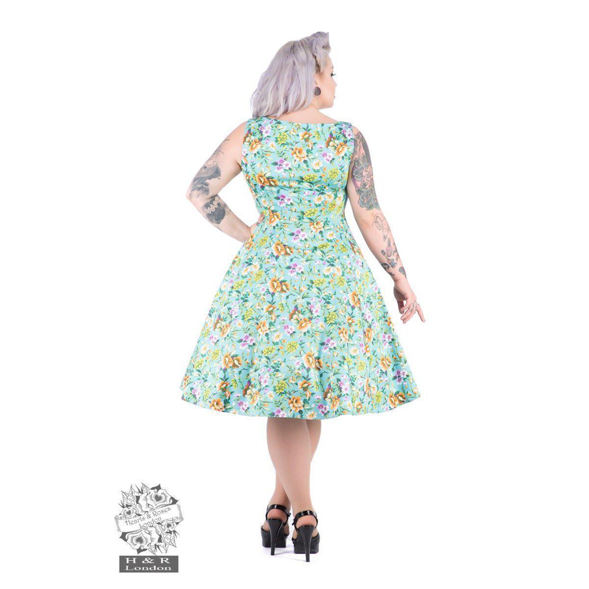 Hearts and Roses Turquoise Ella Floral Swing Dress-Vendemia