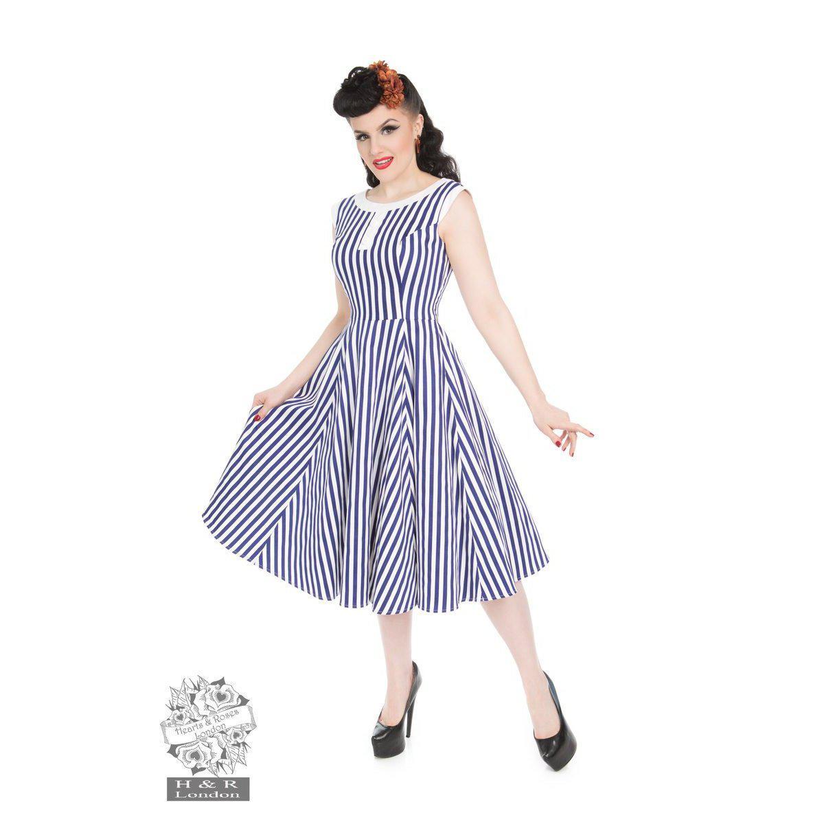 Hearts & Roses Blue Stripe Hepburn Dress-White/Blue-Vendemia