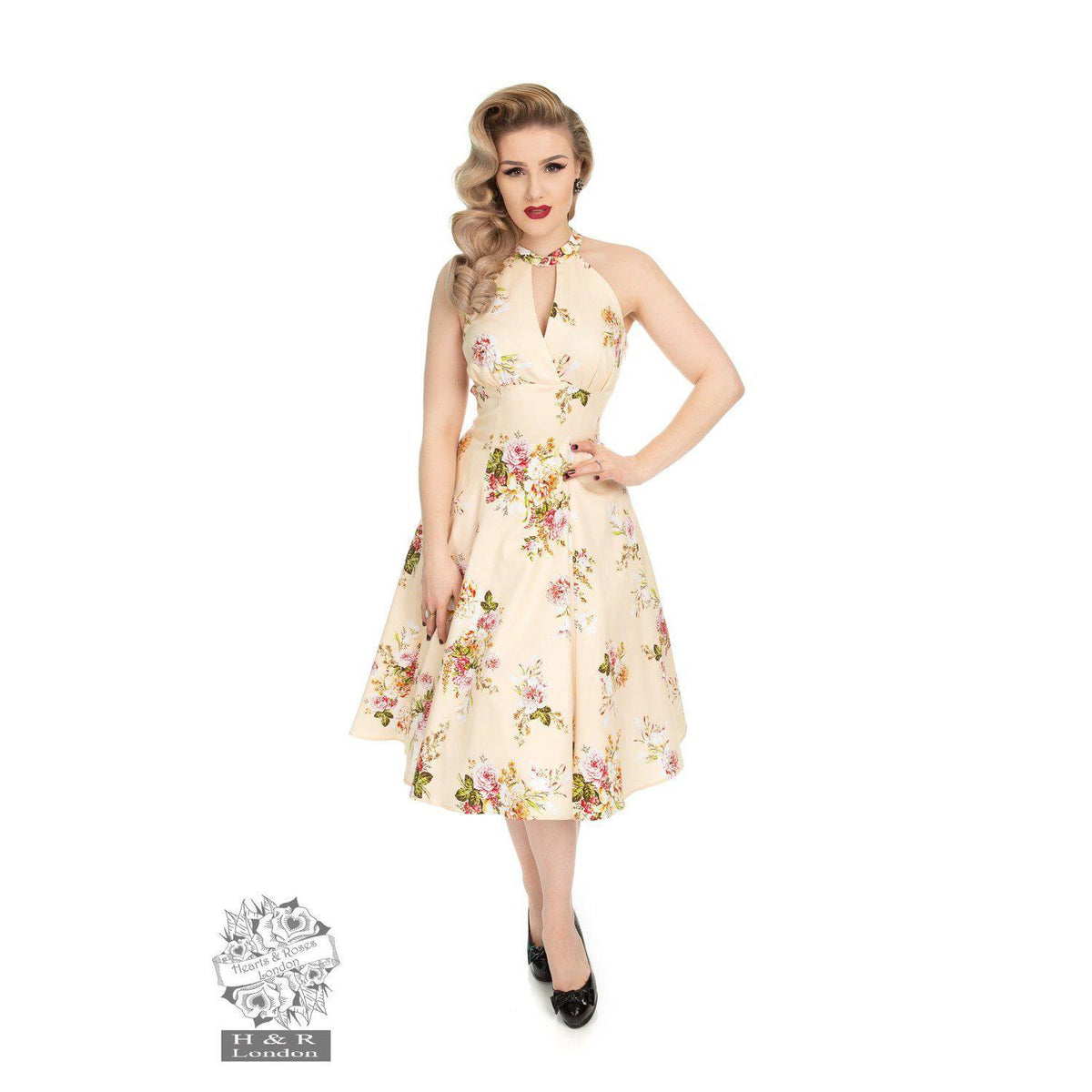 Hearts &amp; Roses Lucinda Floral Swing Dress-Cream-Vendemia