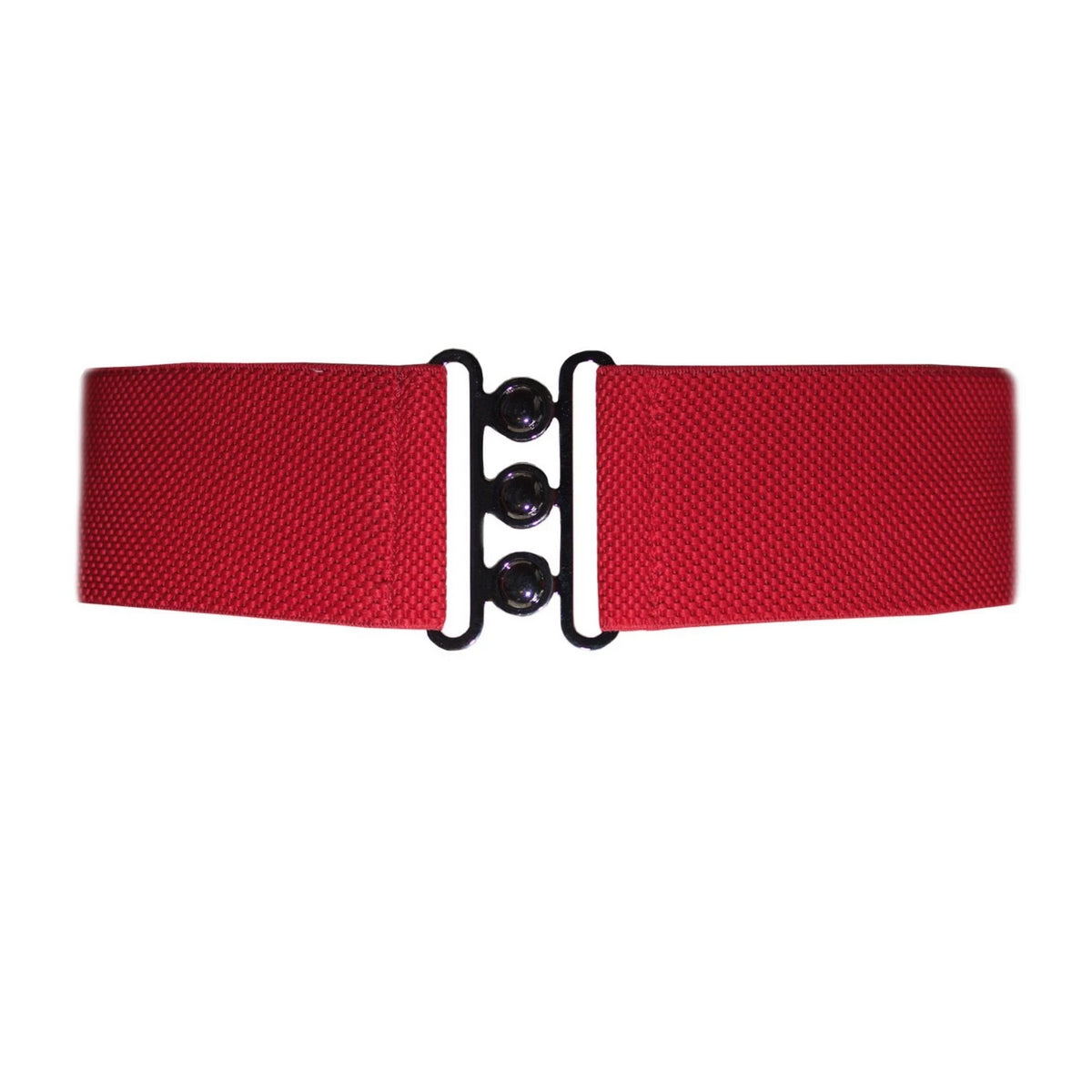 Collectif Accessories Nessa Cinch Belt stretchy belt that sits on the waist with a shiny clasp in colours black, red, green, giving an hour glass figure