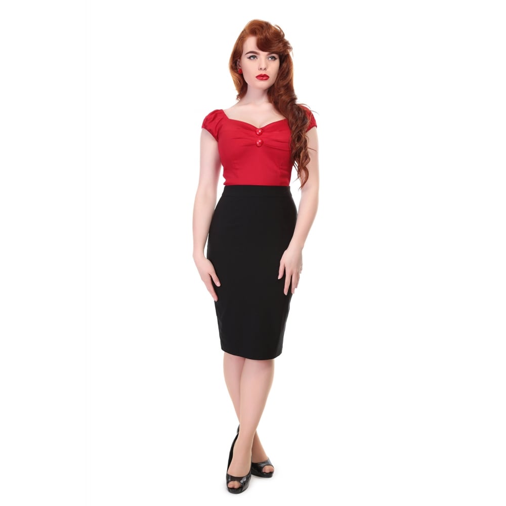 Collecif Mainline Polly Bengaline Pencil Skirt lovely and comfortable pencil skirt in black, split at the back, button and zip too, stretchy material. pair with the cat lady Tshirt