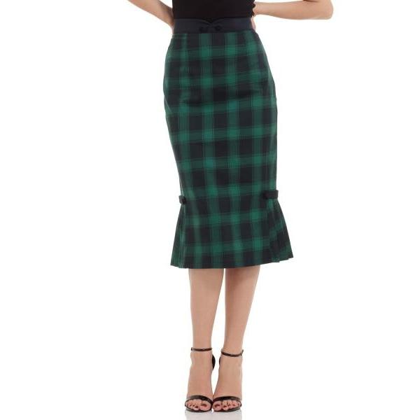 Voodoo Vixen Agnes Pleated Hem Pencil Skirt-Green-Vendemia