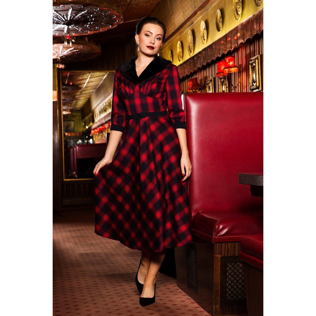 Voodoo Vixen Bettie Plaid Swing Dress Red-Vendemia