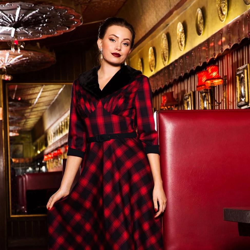 Voodoo Vixen Bettie Plaid Swing Dress Red-Red-Vendemia