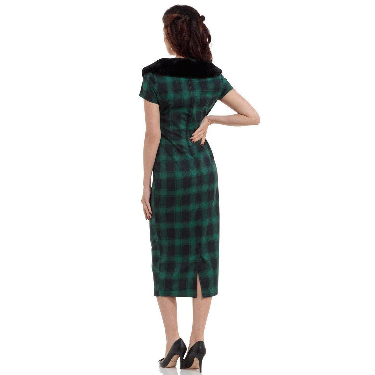 Voodoo Vixen Rachel Tartan Dress with Fur Collar-Vendemia