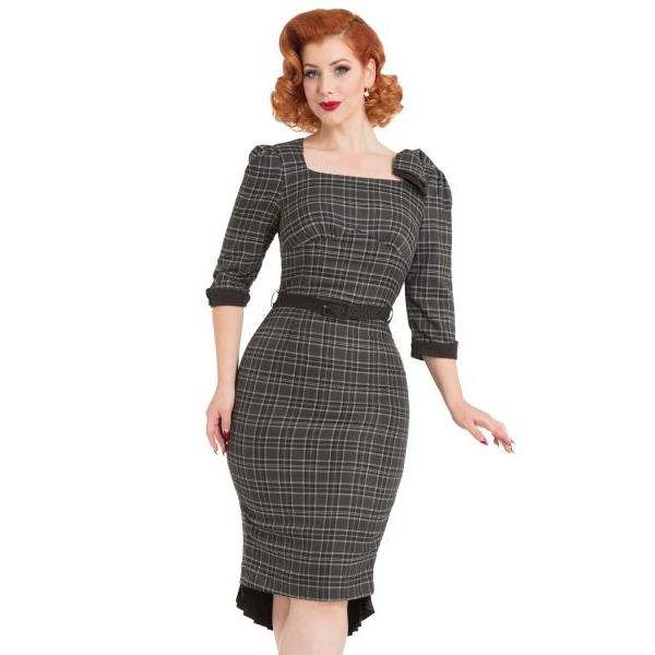 Voodoo Vixen Veronica Tartan Pencil dress-Grey-Vendemia